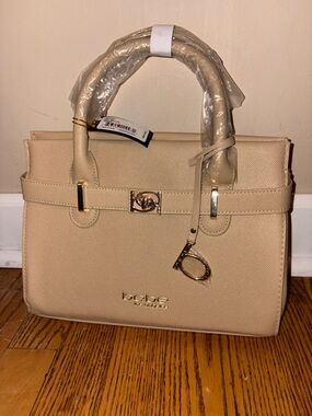 bebe Nude Beige Satchel with Gold Hardware